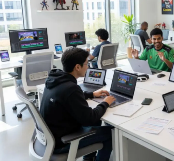 Modern kreatív gaming munkaállomás, ahol a Pay Lounge Hub tartalmait készítik.