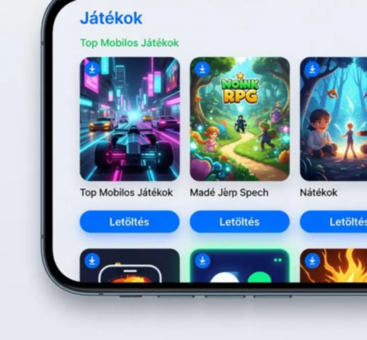 Különböző mobiljátékok képernyőképei és dizájn elemei